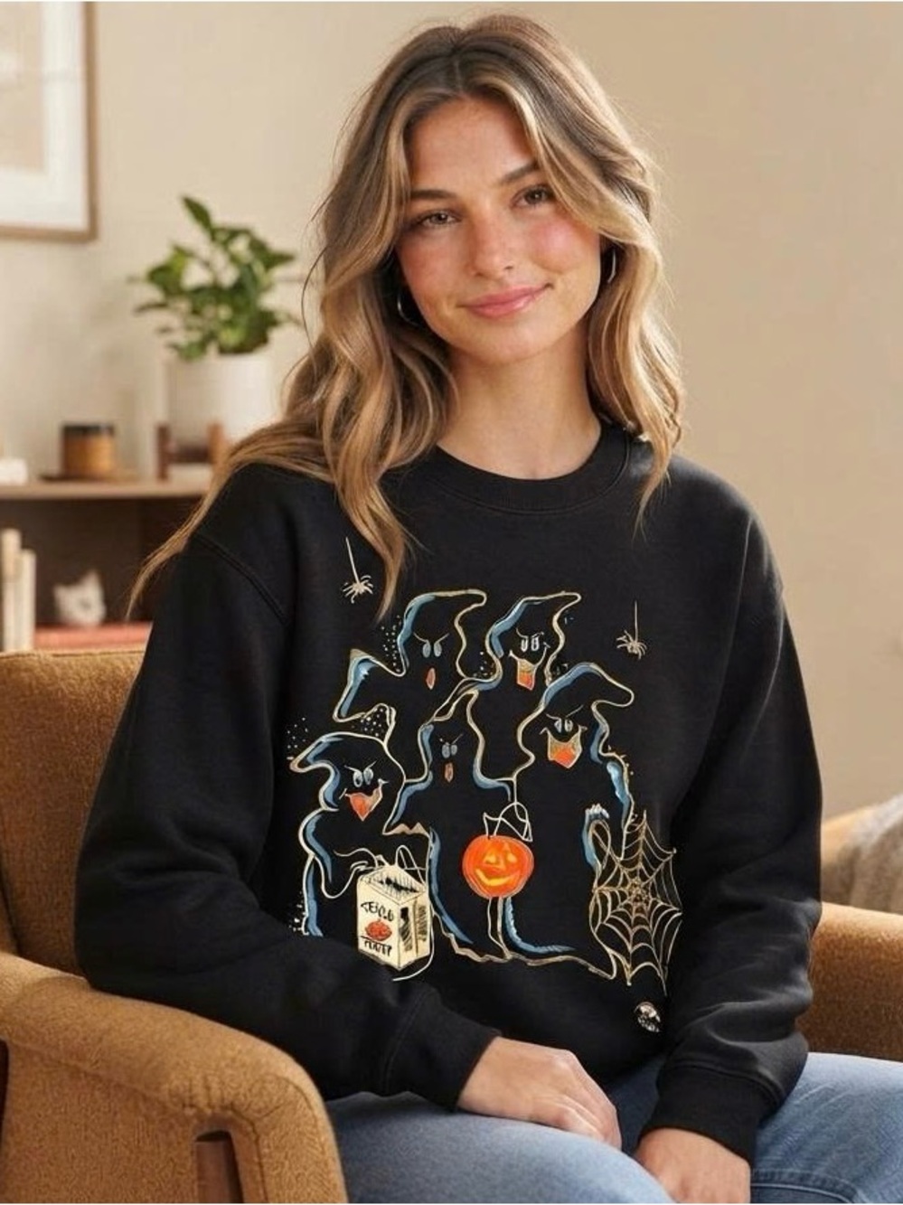 Spooky Halloween Ghosts Black Sweatshirt Unisex Trick Or Treat Crewneck Jumper